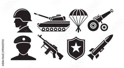 Military icons soldier tank parachute cannon rocket shield for army forces