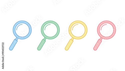 Four colorful magnifying glasses in a row on white background.