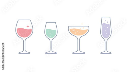 Four wine glasses with different colored drinks.