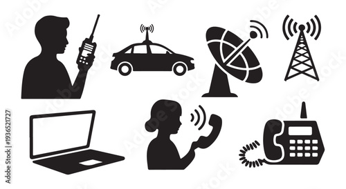 Communication icons person radio car satellite phone laptop for signal