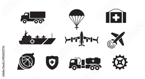 Military transport icons ship plane truck fuel drone medical gear for army