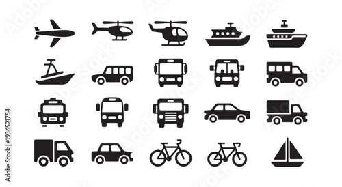 Transportation icon set featuring airplanes helicopters ships cars buses bicycles and cargo trucks