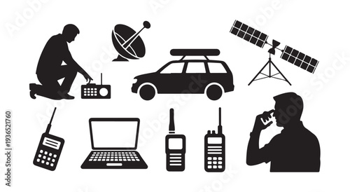 Communication technology icons showing people using radio laptop satellite dish and mobile devices