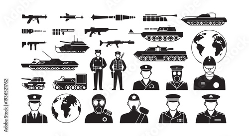 Military equipment and personnel icons set with tanks weapons soldiers armored vehicles and globe