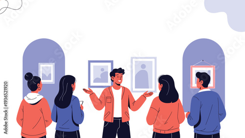 Group of people visiting a modern art gallery and discussing paintings on display with a guide in a clean minimalist vector illustration.