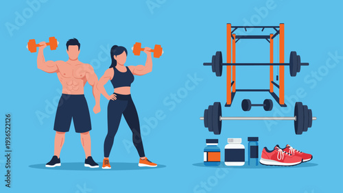 Fitness and bodybuilding concept with a muscular man and woman holding dumbbells next to gym equipment on a solid blue background.