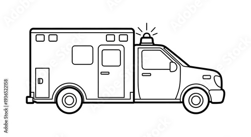 Simple line art illustration of a modern ambulance vehicle with siren on top, emergency medical services transport, outline drawing for healthcare, hospital, rescue, paramedic, first aid, and safety 
