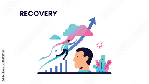 Mental health and business recovery concept showing a man ascending a bar graph toward a bright future with a cloud and arrow symbol.