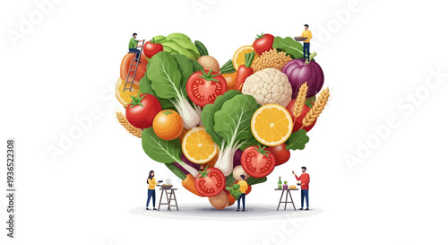 Vector illustration of people arranging a heart-shaped composition of fruits and vegetables for a National Nutrition Month campaign promoting healthy eating awareness and nutritious food.