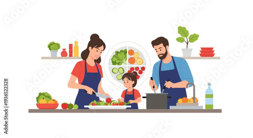 A family of three prepares nutritious food together in a kitchen, promoting healthy eating awareness on a nutrition day with fruits and vegetables.
