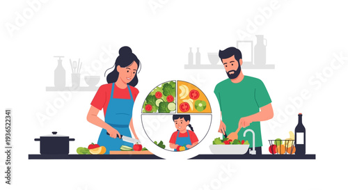A family of three preparing healthy food together in a kitchen with a focus on nutritious eating for a National Nutrition Month campaign, promoting a balanced diet.