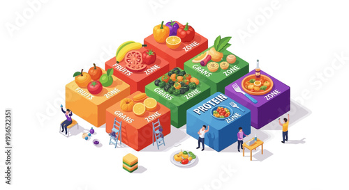 Isometric illustration of people engaging in healthy eating habits with colorful blocks of fruits and vegetables for National Nutrition Month, promoting nutritious food and diet awareness