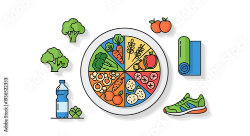Illustration of a plate divided into sections of various fruits and vegetables surrounded by healthy food items and a fitness shoe for a National Nutrition Month campaign with a design