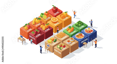 Isometric illustration of people shopping for fruits, vegetables, and nutritious food at a market with colorful stalls, promoting healthy eating awareness and nutrition during National