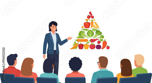 Illustration of a businesswoman presenting a pyramid of fruits and vegetables to an audience for a National Nutrition Month diet campaign with a focus on healthy eating awareness.