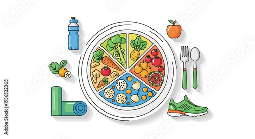 Vector illustration for National Nutrition Month promoting healthy eating awareness with a plate of fruits and vegetables surrounded by fitness and diet icons on a white background.