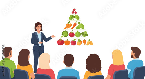 Illustration of a businesswoman presenting a pyramid of fruits and vegetables to a diverse group of people in a meeting for National Nutrition Month, promoting healthy eating awareness.
