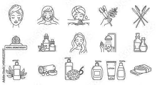 Beauty and Skincare Icons Set - Facial Care, Products, and Wellness Treatment