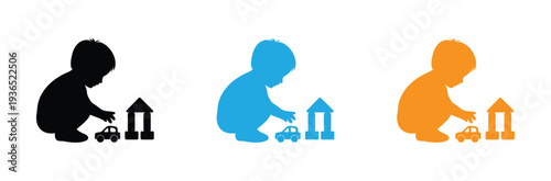 Children Playing Silhouette Vector Set: Car Doll and Blocks for Childcare Graphics