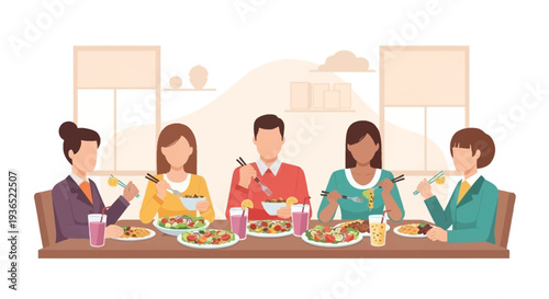 Vector illustration of a diverse family enjoying a meal together, promoting healthy eating awareness on National Nutrition Month with fruits and vegetables on their nutritious food plates