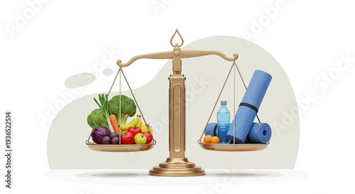 Vector illustration of a balanced scale with fruits and vegetables on one side and fitness equipment on the other, symbolizing healthy eating awareness and nutrition for a diet campaign on