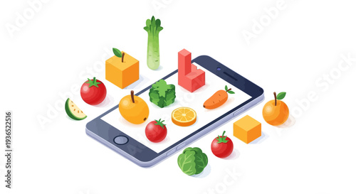 Vector illustration of a smartphone surrounded by various fruits and vegetables on a white background, promoting healthy eating awareness for a nutrition campaign or National Nutrition