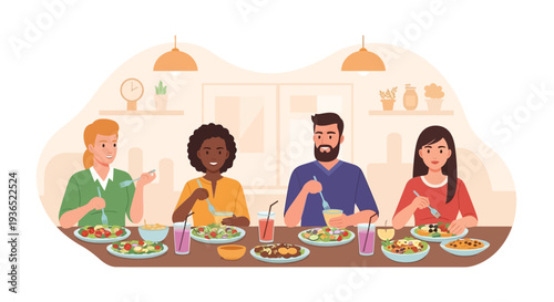 Vector illustration of a diverse family enjoying a meal together with fruits and vegetables on a table, promoting healthy eating awareness and nutrition during National Nutrition Month.