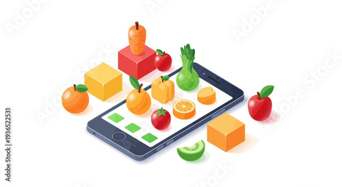 Vector illustration of a smartphone surrounded by fruits and vegetables, promoting healthy eating awareness and nutrition for a diet campaign on a white background.