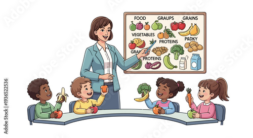Illustration of a woman teaching children about healthy eating and food groups with a poster in a nutrition awareness event.