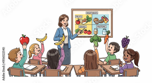 Illustration of a teacher presenting a nutrition lesson to a diverse group of children with fruits and vegetables in a classroom setting.