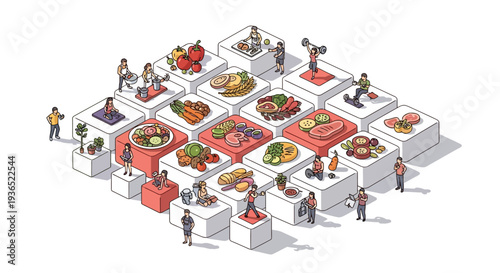 Isometric illustration of people gathered around tables showcasing various fruits and vegetables for a National Nutrition Month event promoting healthy eating awareness and nutritious food.
