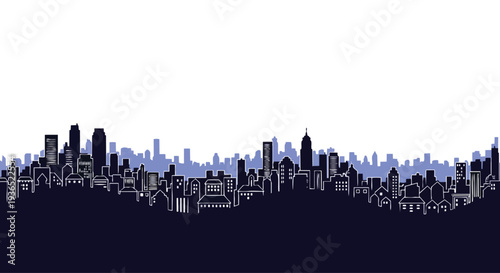 Flat 2D illustration of a city skyline silhouette against a seamless background with a dark blue to light blue gradient.