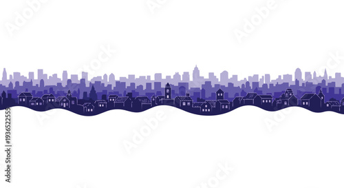 A flat 2D illustration of a city skyline in a seamless silhouette against a white background with a wavy bottom edge.
