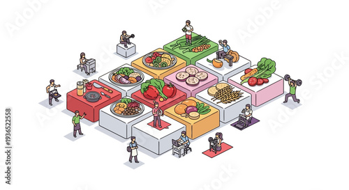 Vector illustration of people enjoying a variety of fruits and vegetables at a colorful market for National Nutrition Month with a focus on healthy eating awareness and nutritious food.