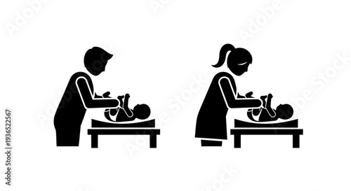 Parent changing diaper on baby at changing table, gender neutral icon style