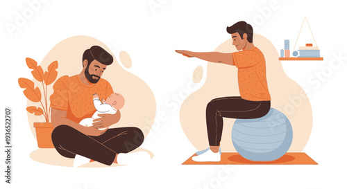 Father Bonding with Baby and Exercising - Parenthood and Fitness Lifestyle
