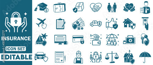 Insurance Icon Set. Features editable icons for insurance symbols, health insurance, safety, risk management, etc. Perfect for insurance companies, financial advisors. Vector icon collection