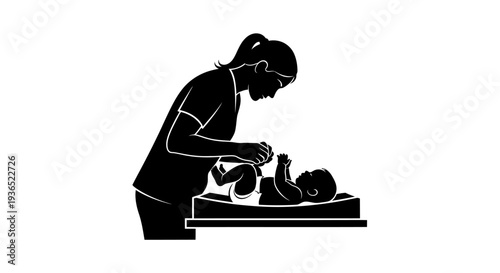 Baby Diaper Change Illustration - Mother Caring for Infant on Changing Table