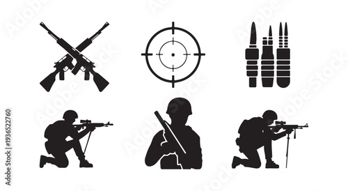 Military warfare icons set including crossed rifles target ammunition and soldiers in silhouette