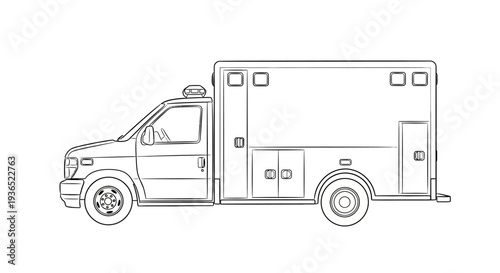 Ambulance emergency vehicle line art illustration, medical transport truck for emergency healthcare service, hospital rescue ambulance outline drawing vector
