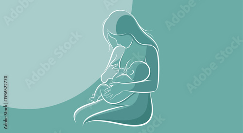 Mother breastfeeding newborn baby minimalist line art illustration, maternal care and motherhood concept, mom feeding infant child, parenting love and family bonding vector