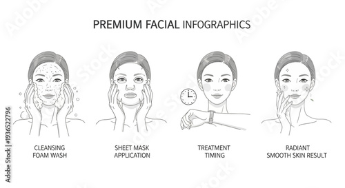 Facial skincare routine infographic with cleansing, sheet mask application, treatment timing and radiant skin result steps, beauty and cosmetic skincare guide vector illustration