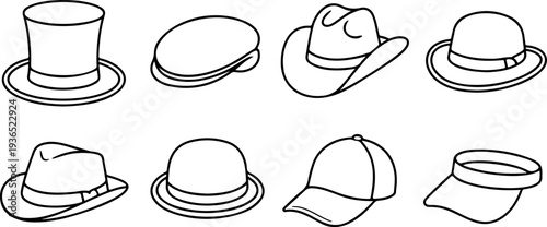Minimal line art hat icons collection with classic headwear styles such as top hat fedora cap visor and fashion accessories