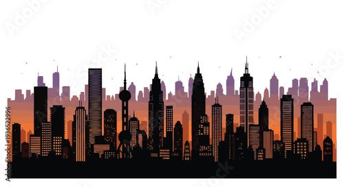 Flat 2D illustration of a city skyline at sunset with a seamless silhouette against a vibrant orange and purple background.