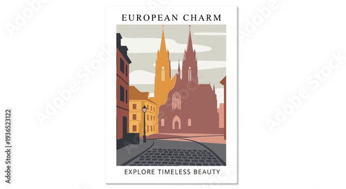Vector illustration of European cityscape with church and buildings