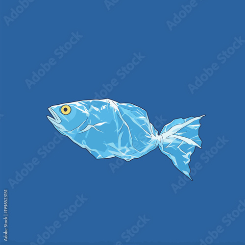 A fish appears as if it is made of plastic, drifting in a blue ocean. This scene shows the effects of pollution on sea animals.