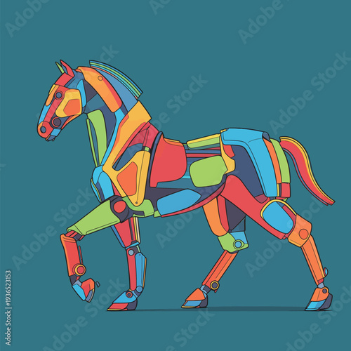 A robot horse is walking on a blue background. It features bright colors and an abstract design that illustrates movement.