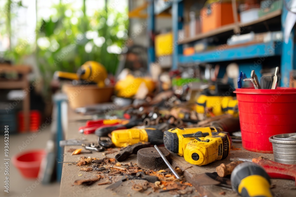 Fototapeta premium Cluttered and Messy Garage Workspace with Tools and Debris Everywhere