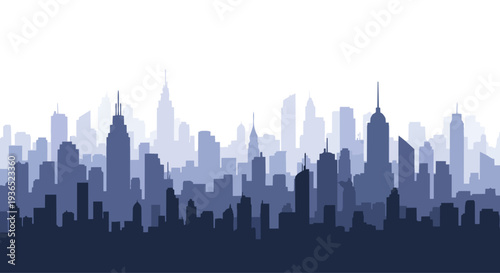 A flat 2D illustration of a city skyline silhouette in shades of blue against a white background.