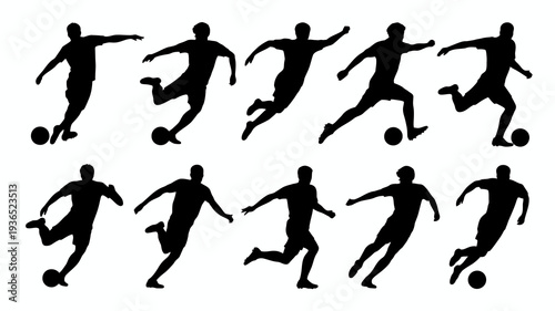 A collection of black silhouettes depicts individuals dynamically engaged in the active sport of soccer showcasing various stages of movement high quality professional detailed modern elegant